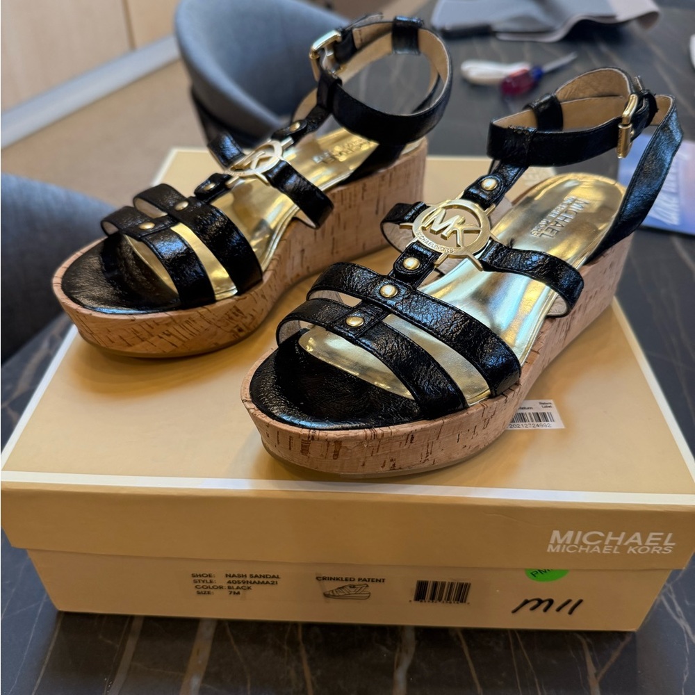 Michael Kors Black and Gold Wedge Sandals with Gladiator Design